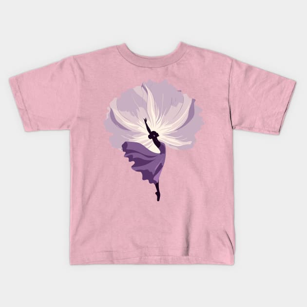 Ballet dancer in a purple dress dancing, floral background, Vector illustration, tiptoe ballet performer Kids T-Shirt by Nora Liak